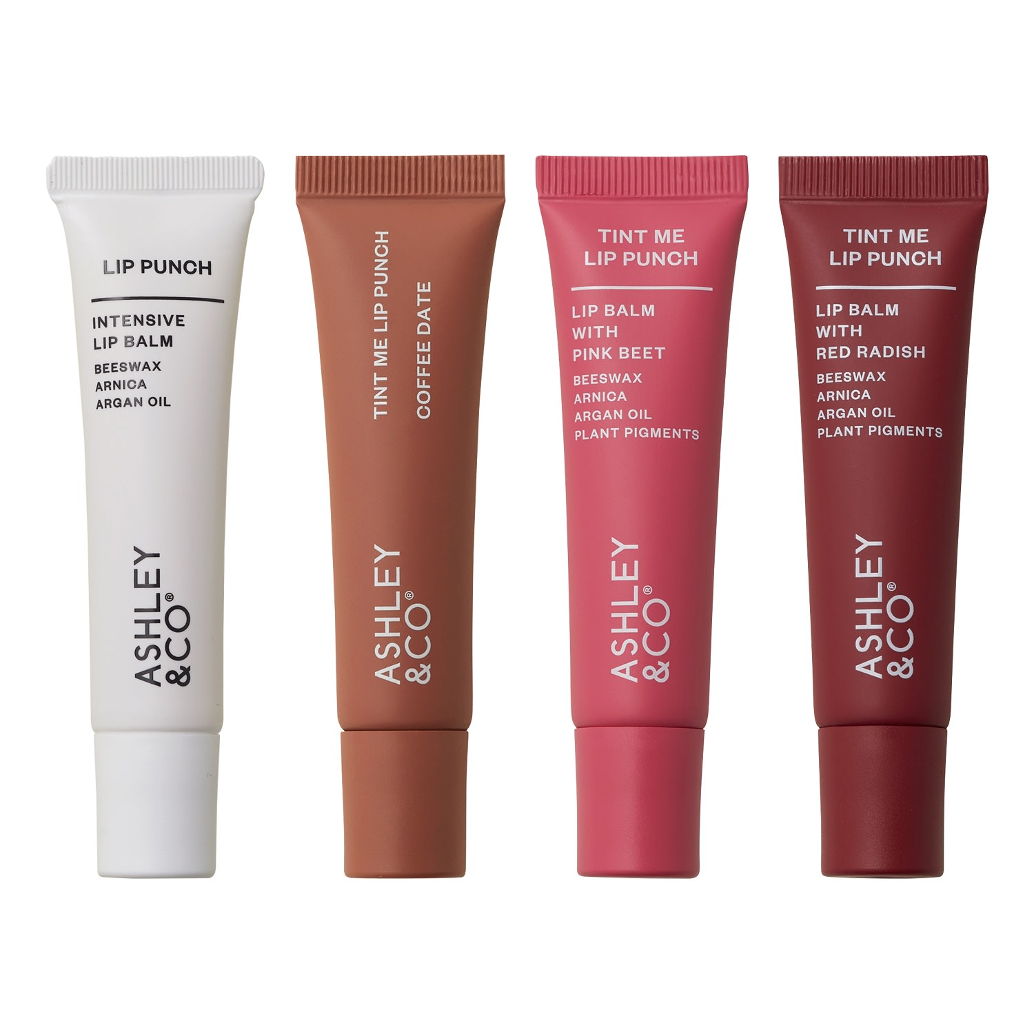 Ashley and Co Lip Punch lip balm collection, four tubes in white, brown, pink and berry packaging