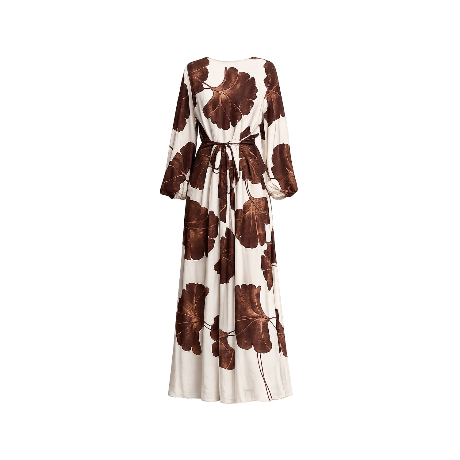 white and brown dress for women Tantra Spain Sl Long Ginkgo Flower Print Dress