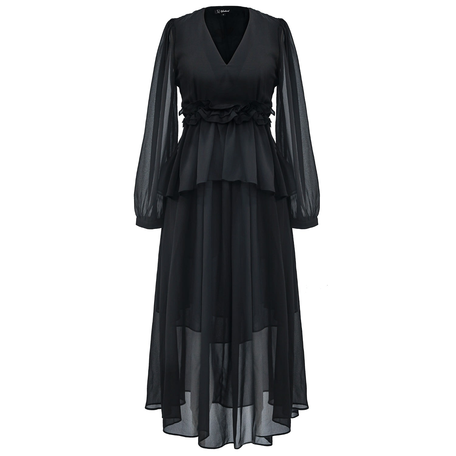 Long Ruffle Chiffon Dress - Black | Smart and Joy | Wolf & Badger