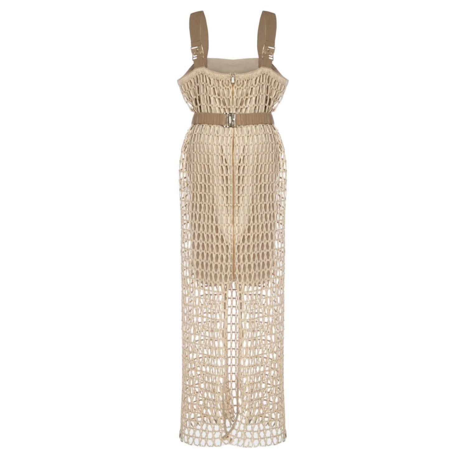 Fabric Detailed, Front-Zip, Adjustable Strap Long Beige Dress
