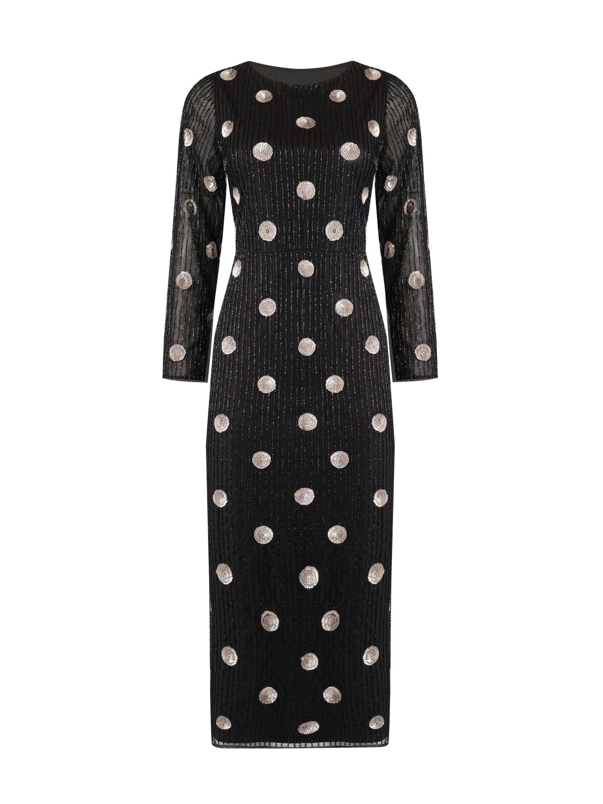 black polka dot dress midi Abercrombie & Fitch high neck drop waist midi dress in black polka dot