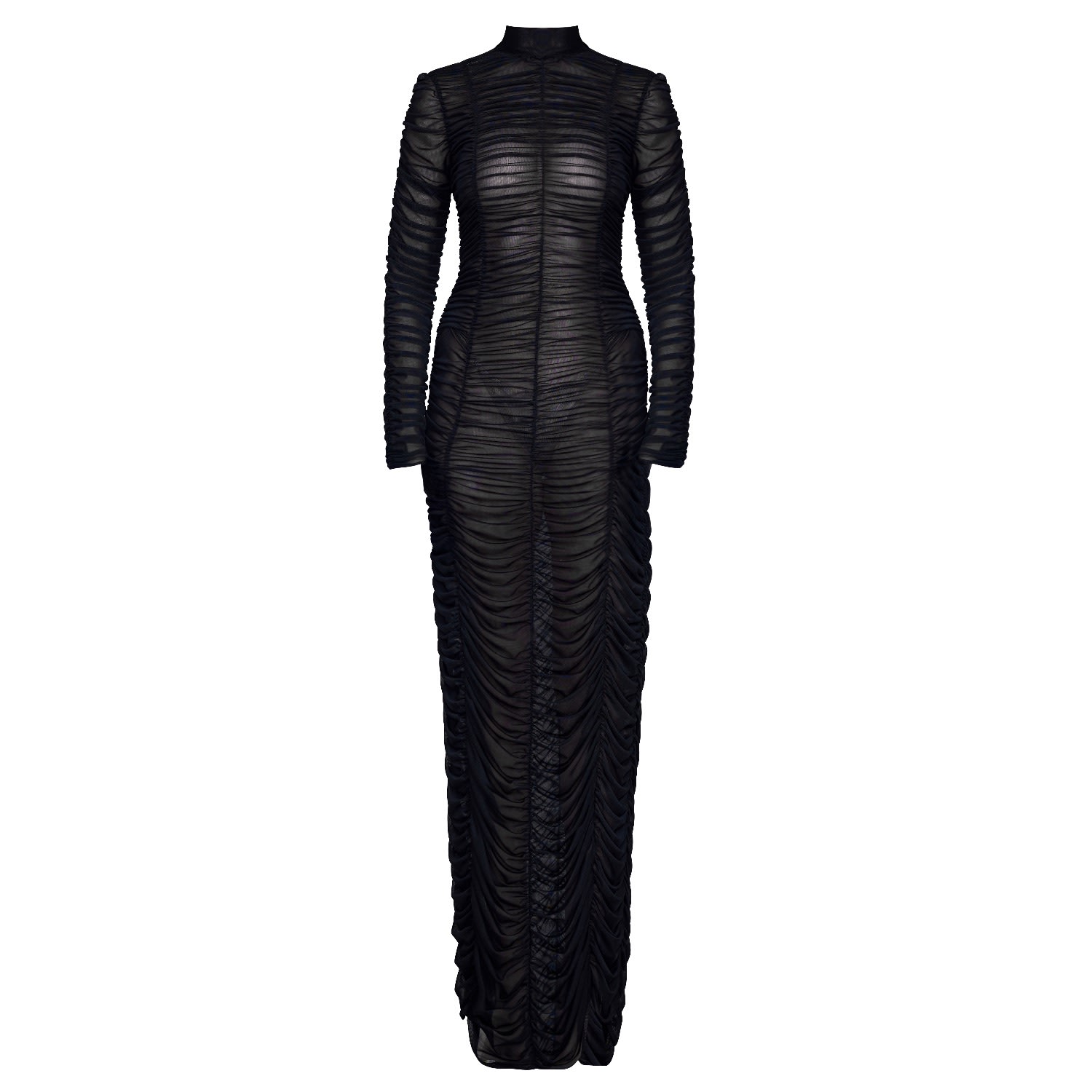 black sheer ruched dress Trina Mesh Ruched Midi Dress