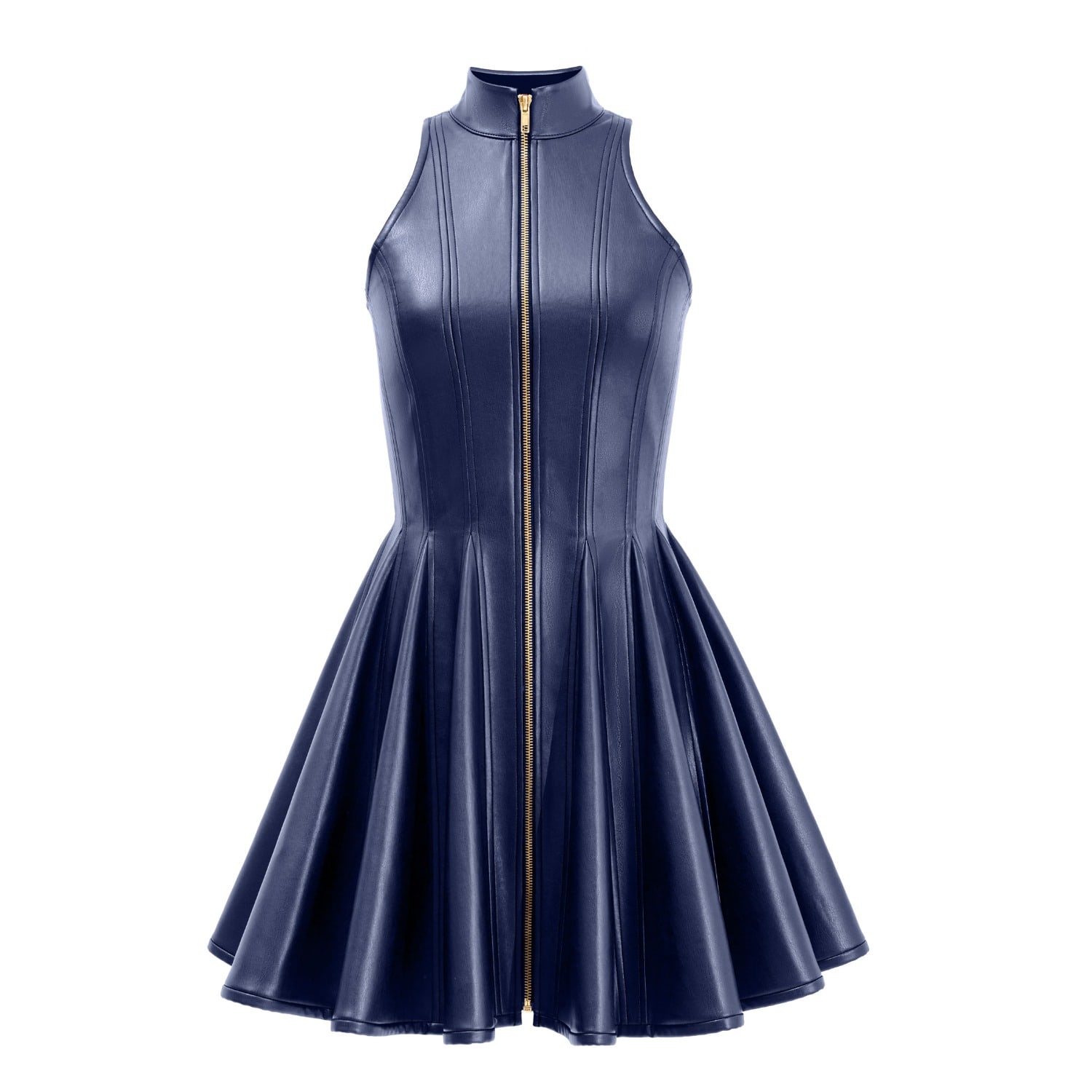Navy Blue Faux Leather Mini Dress  High-Neck Zip-Front Fit-And-Flare |  Kargede | Wolf & Badger
