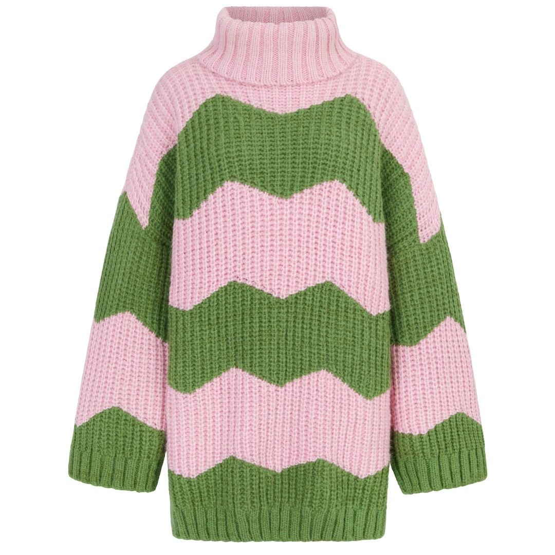 Nelly Pink Chevron Roll Neck Knitted Mini Dress | Cara & The Sky L