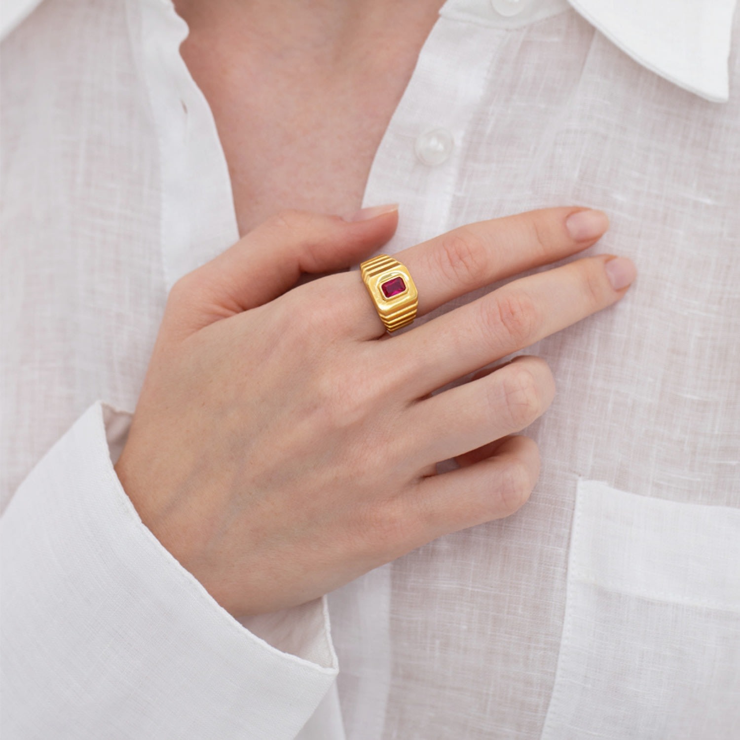 Octagon Claret Red Stone Signet Ring | LINYA JEWELRY | Wolf & Badger