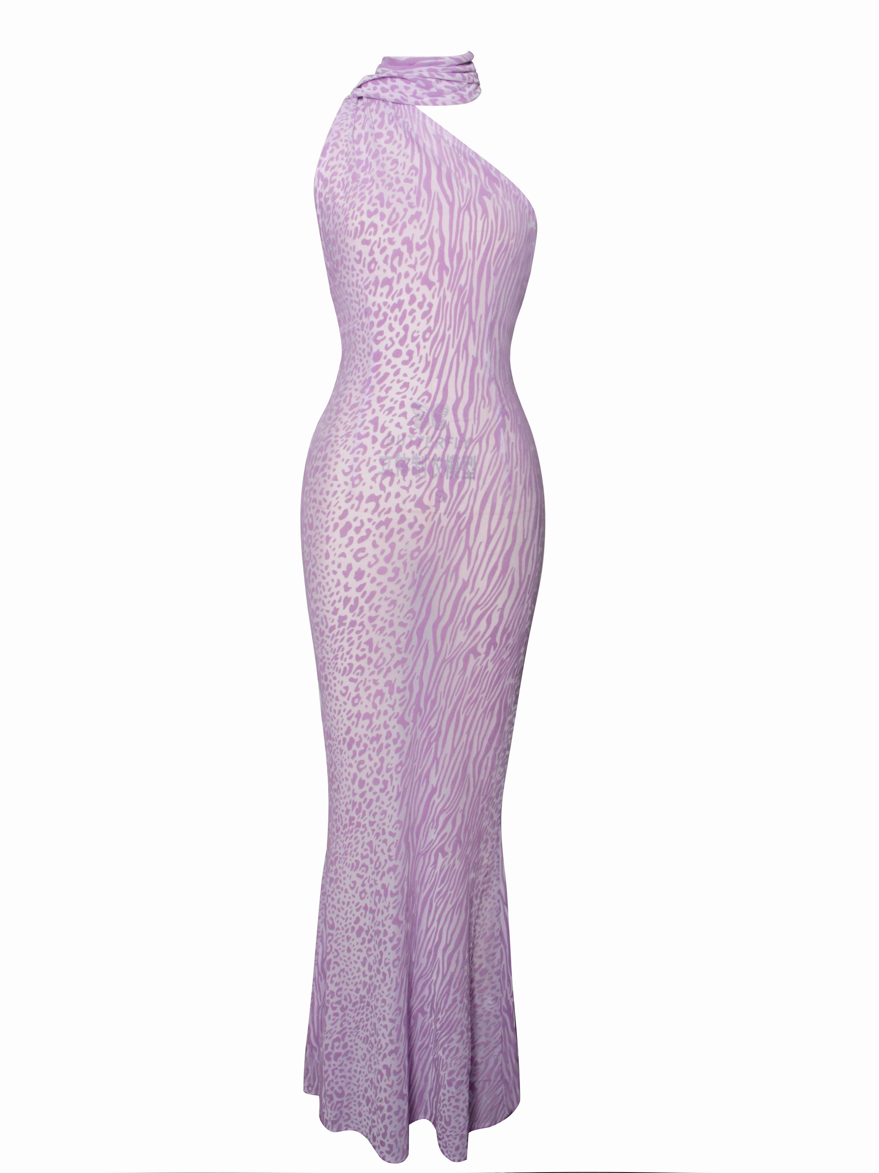 Olena Purple Burnout Velvet Animal Print Mesh Halter Neck Maxi