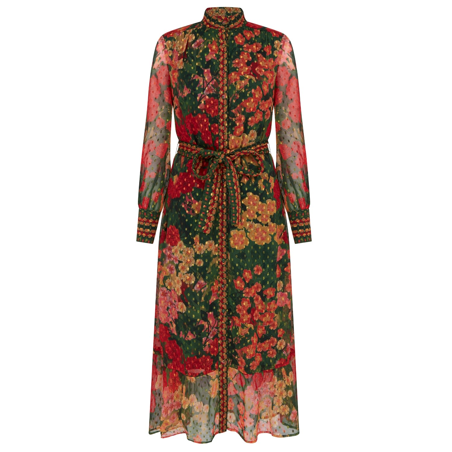 Olive Floral Long Sleeve Belted Shirt Midi Dress In Dark Orange & Green  Dress | Raishma | Wolf & Badger