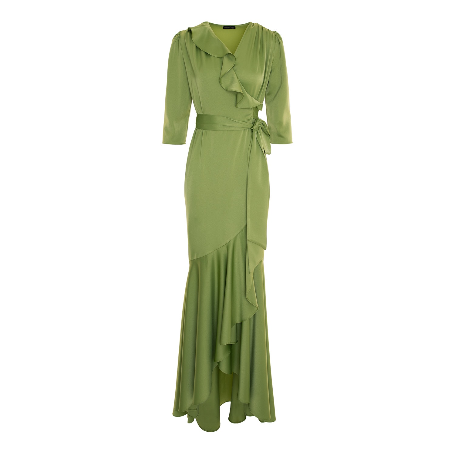 Olive Long Cocktail Dress With Train And Three-Quarter Sleeves