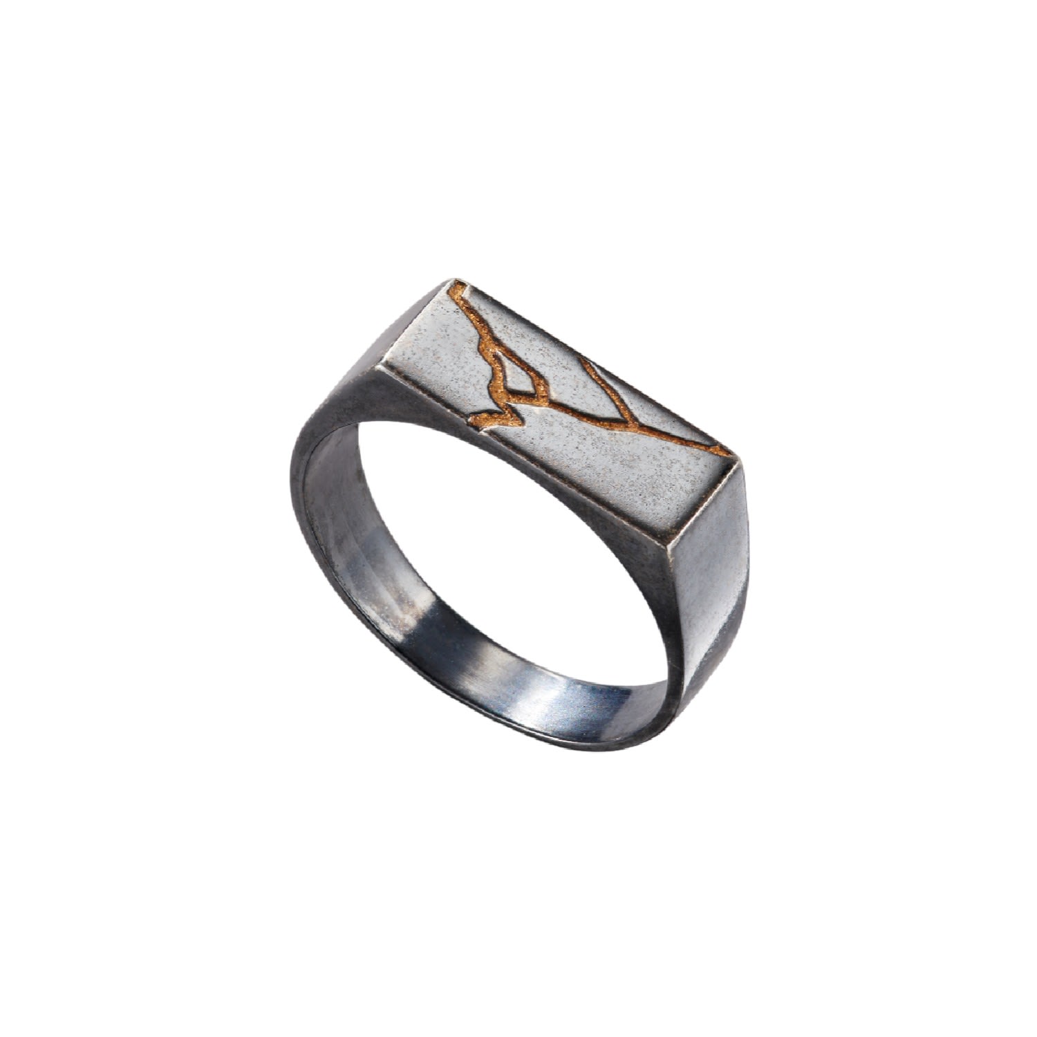 sojie ring 「Japonica」 Oxidised Sterling Silver Rectangle Kintsugi Signet Ring | Posh