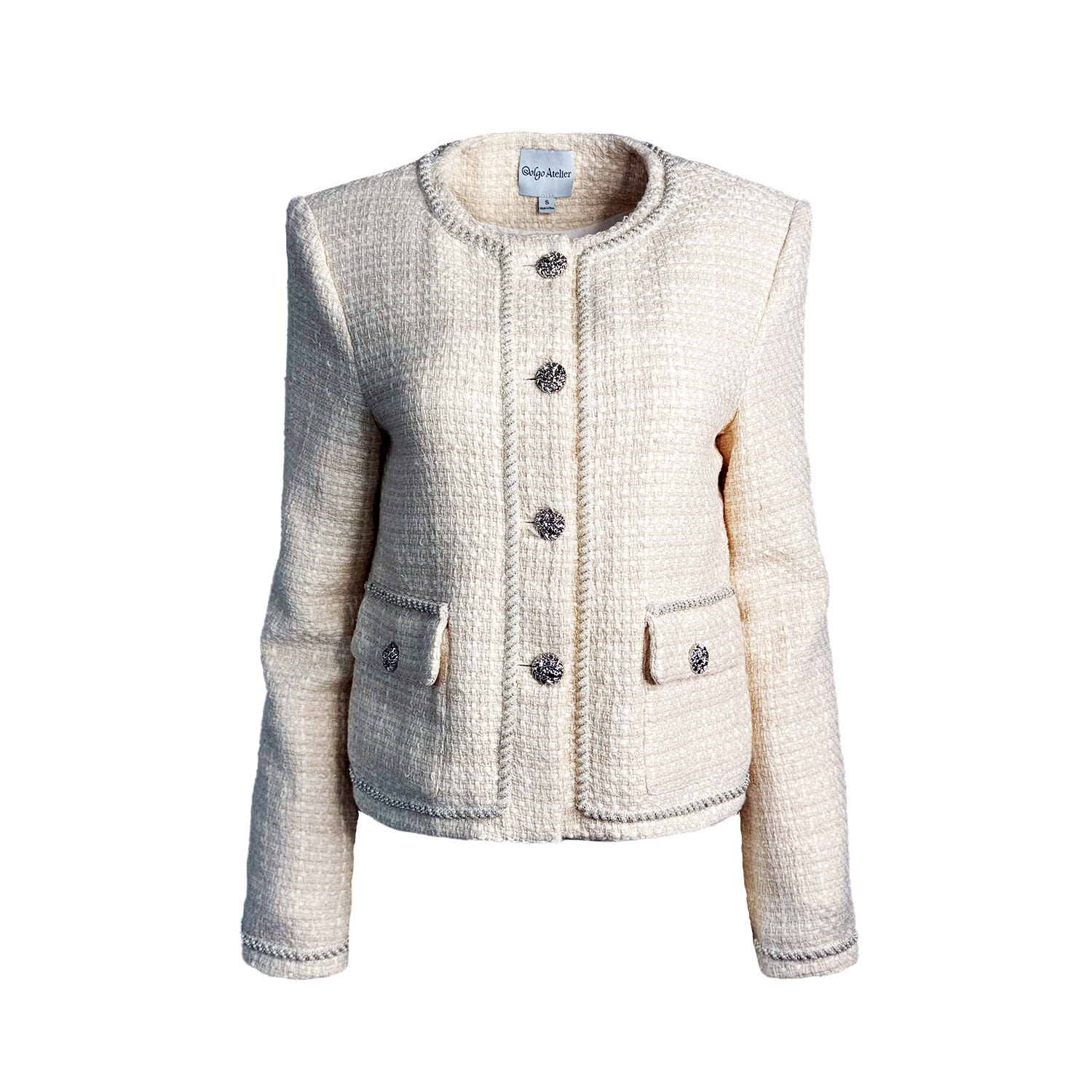 Pogonia Crop Tweed Bouclé Jacket With Beaded Trim In Swan | Solgo