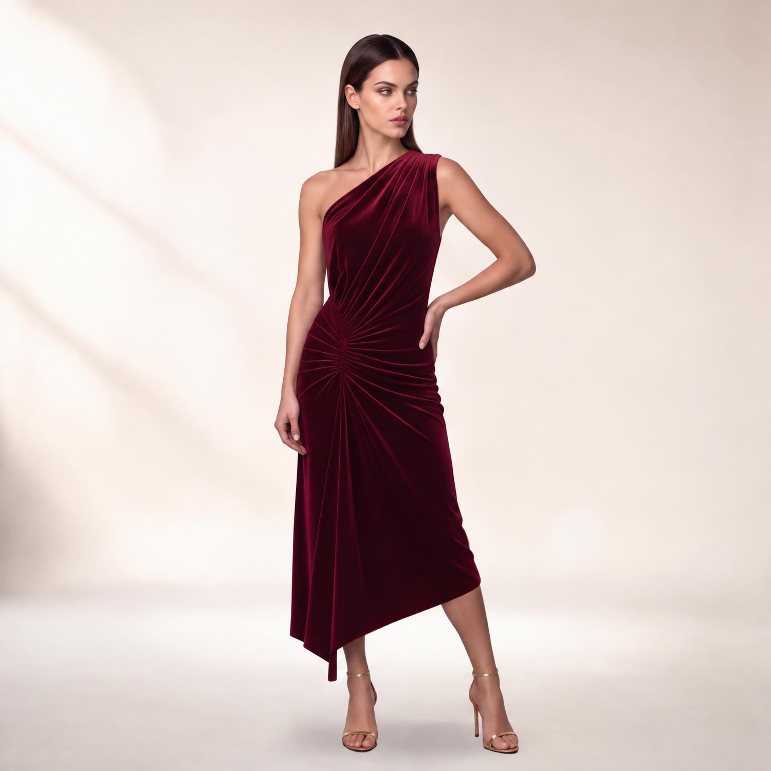Model in the Me and Thee Raya-Rosa burgundy velvet one-shoulder midi dress