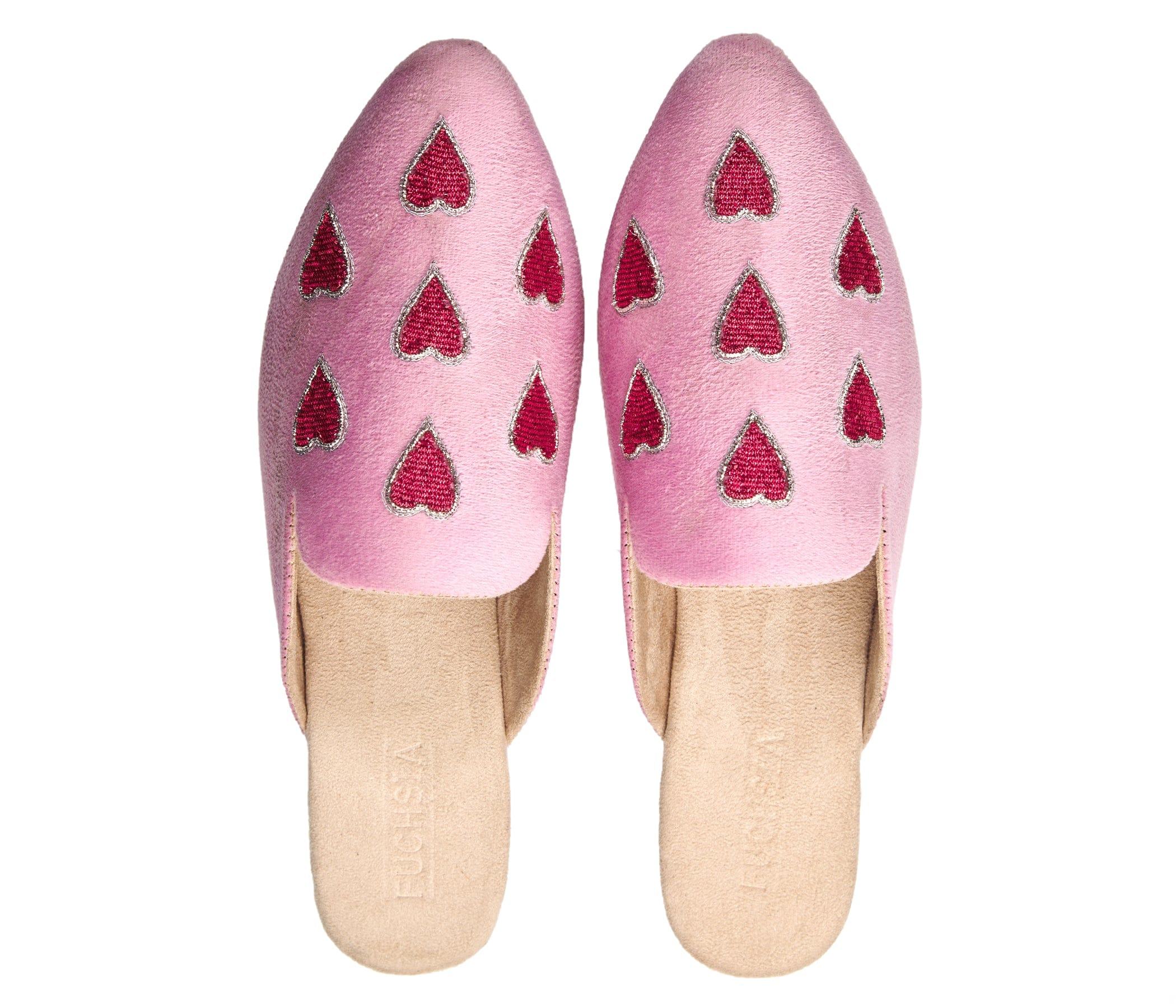 Red Heart - Handmade Heart Embroidered Pink Velvet Mules By