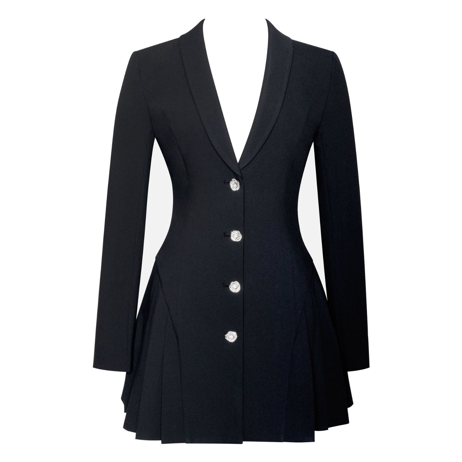 Miss Circle Ria Black Blazer Mini Dress with Crystal Button and Pleated Detail XS