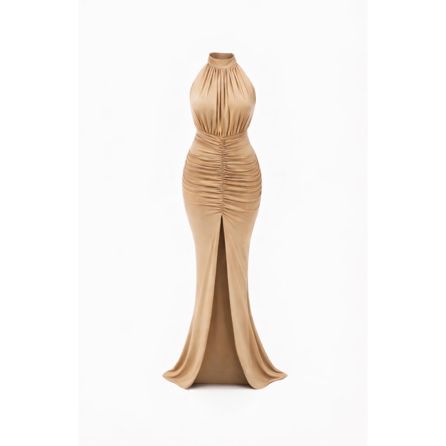 backless ruched peekaboo halter dress Selene- & Bra Friendly Maxi - Gold | Monice London animal dress