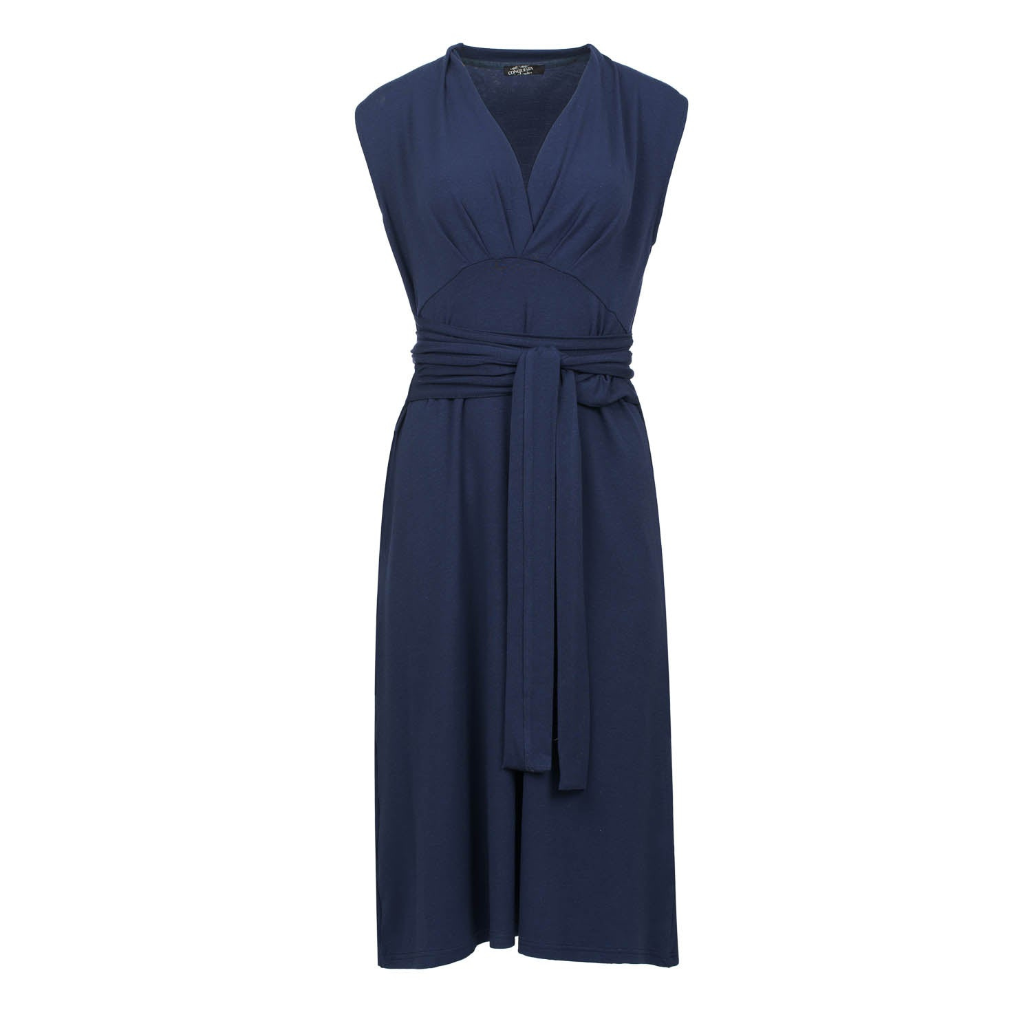 navy jersey wrap dress Sleeveless V-Neck with Belt - JP700Royal