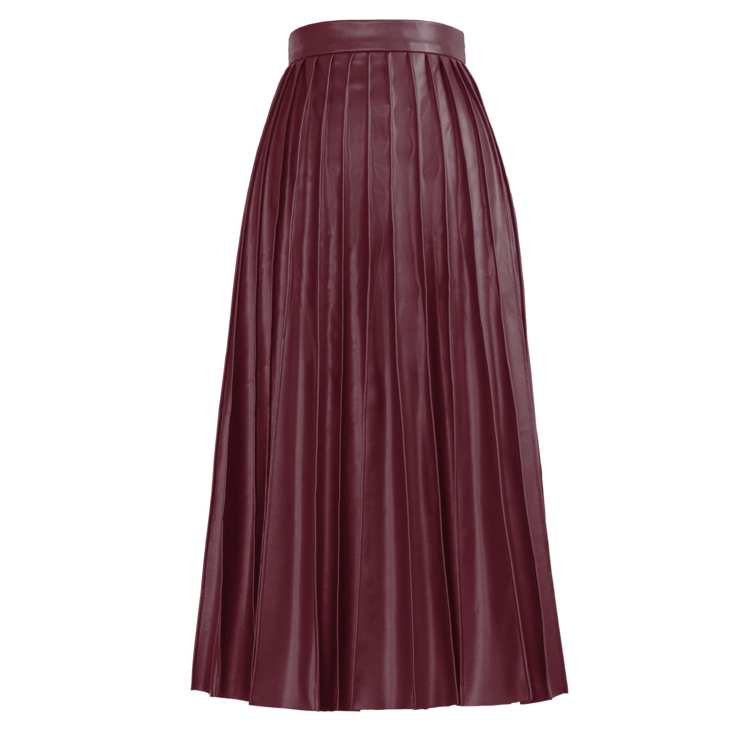 Burgundy Leather Midi Skirt – Pleated Faux, High Waist Kargede