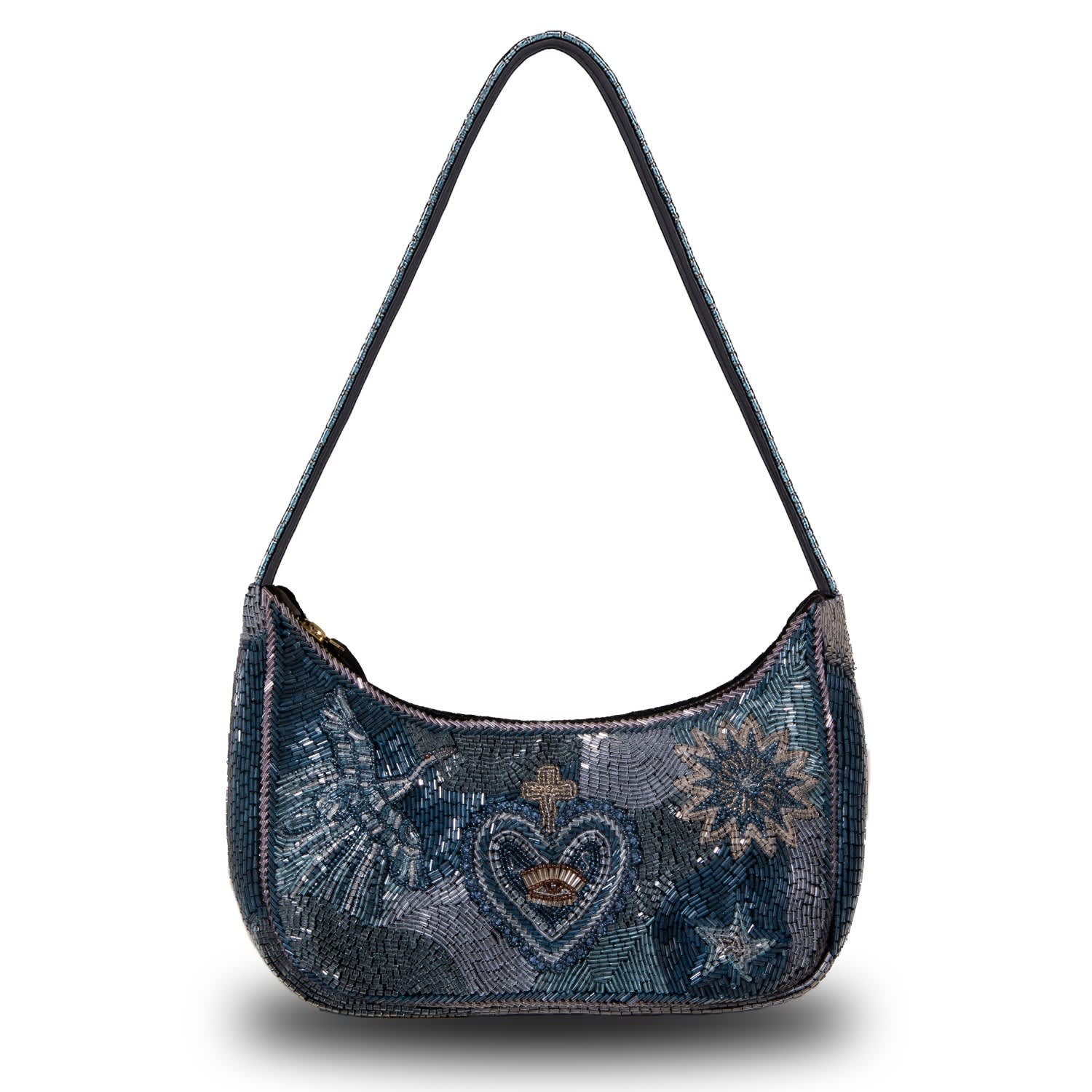 Blue Beaded Evening Shoulder Bag With Celestial Star Embroidery