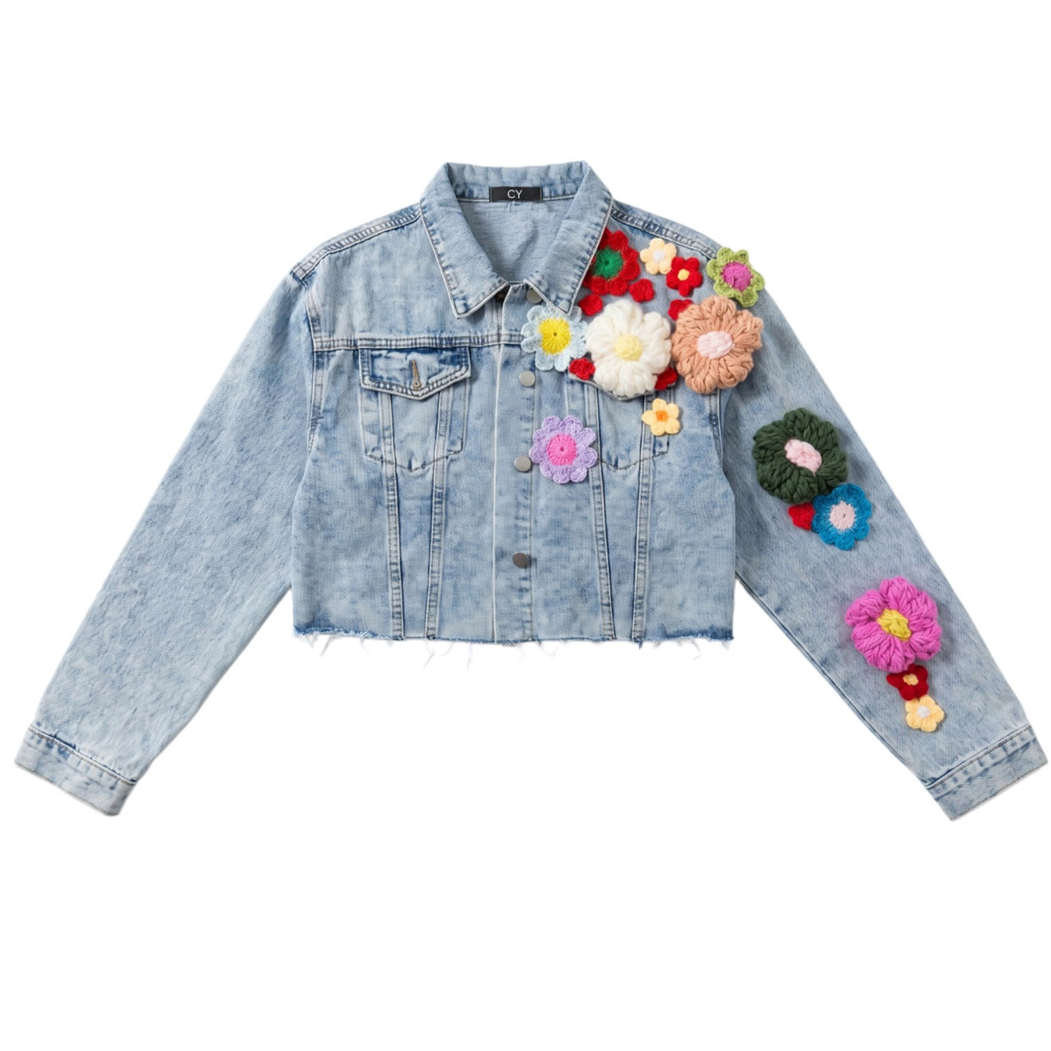 Statement Denim Jacket With Hand-Crochet Floral Appliqué | CY