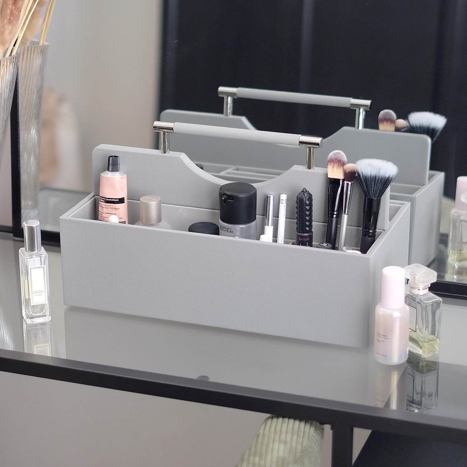 Stackers Supersize Cosmetic Tool Box in pebble grey with makeup and skincare inside