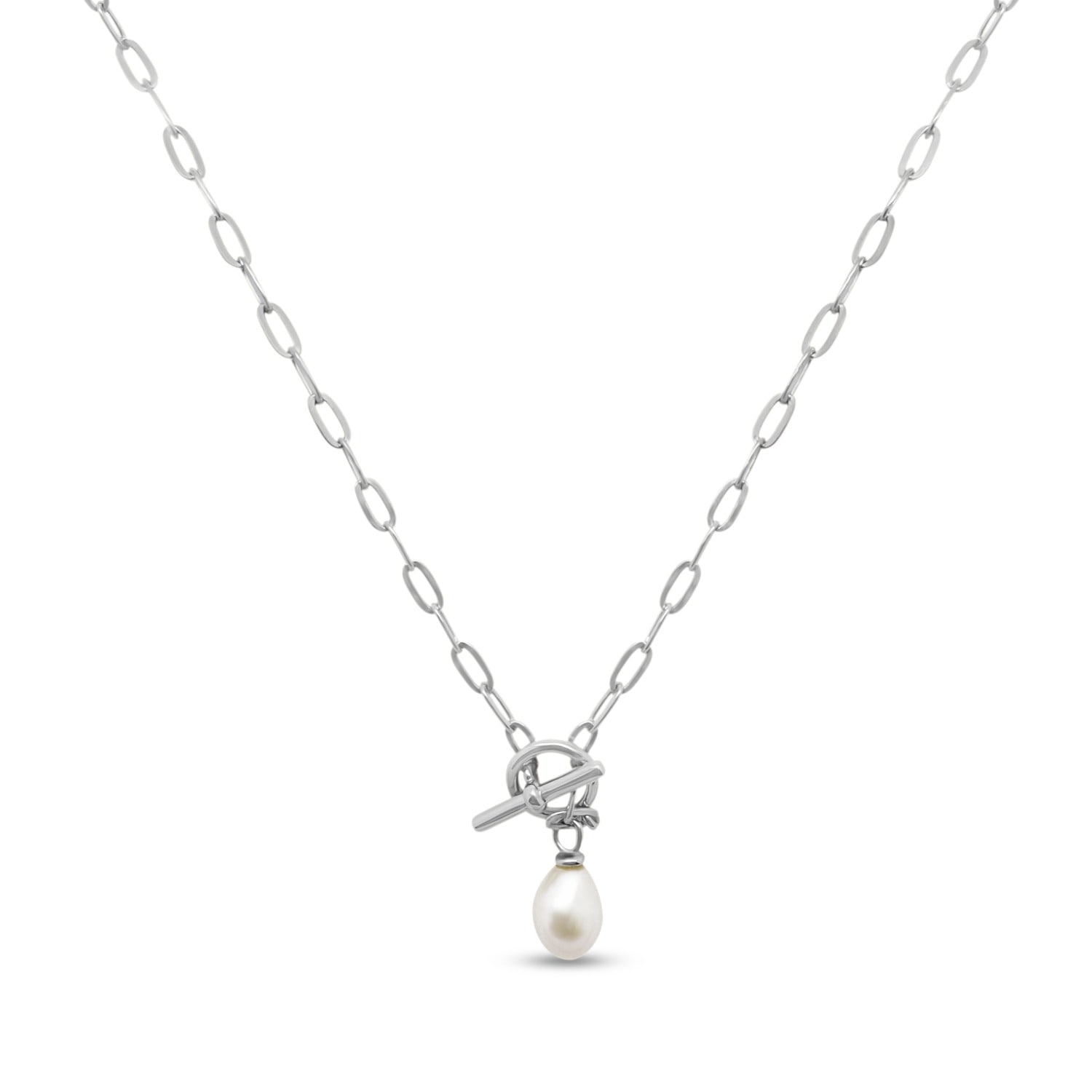 T-Bar Paperclip Freshwater Pearl Necklace - Silver | Clemence Wren