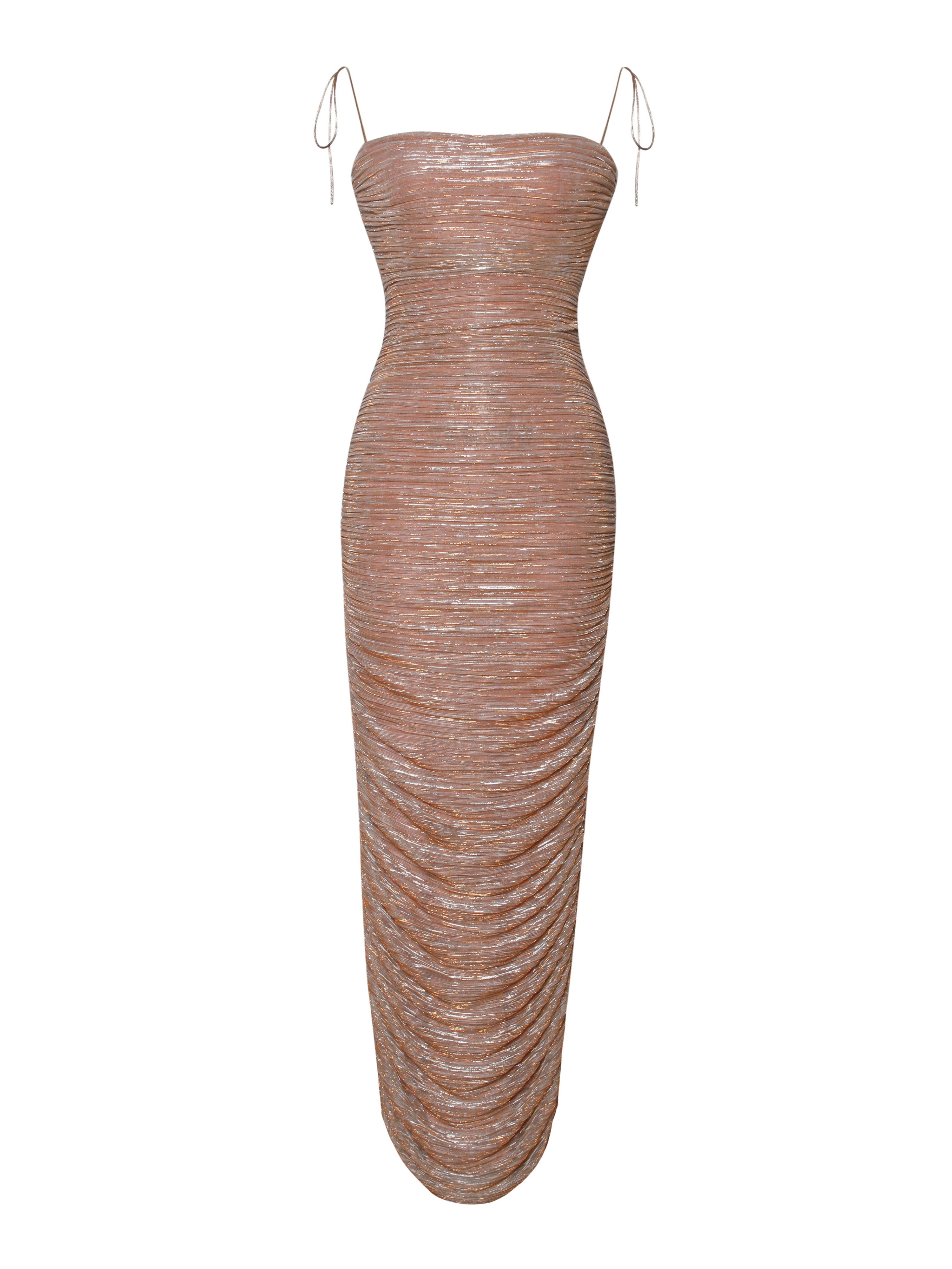 rose gold chiffon dress Azazie Loretta Rose Gold A-Line Cowl Cape Metallic Mesh Dress Ready to Ship