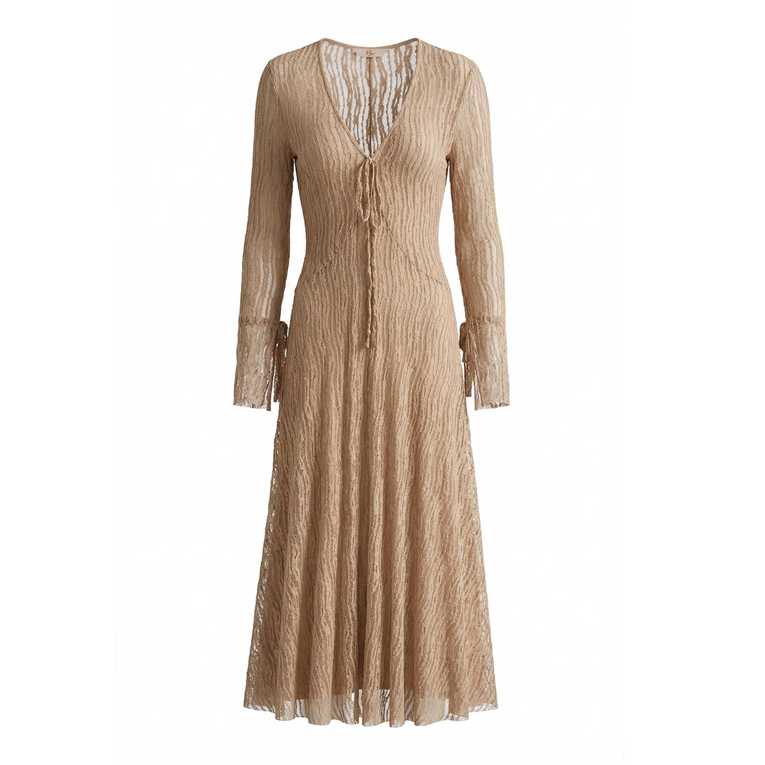Belsize25 Sheer Lace Knit Trumpet Dress With Flared Sleeves - Beige