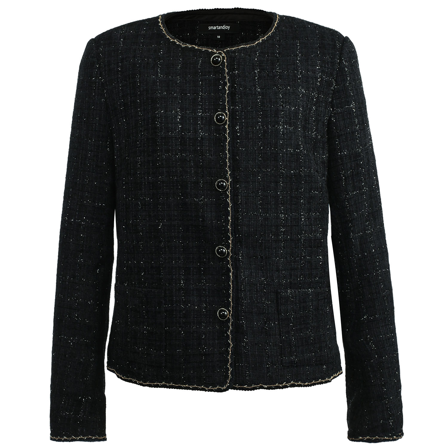 Tweed Round Neck Jacket - Black | Smart and Joy | Wolf & Badger
