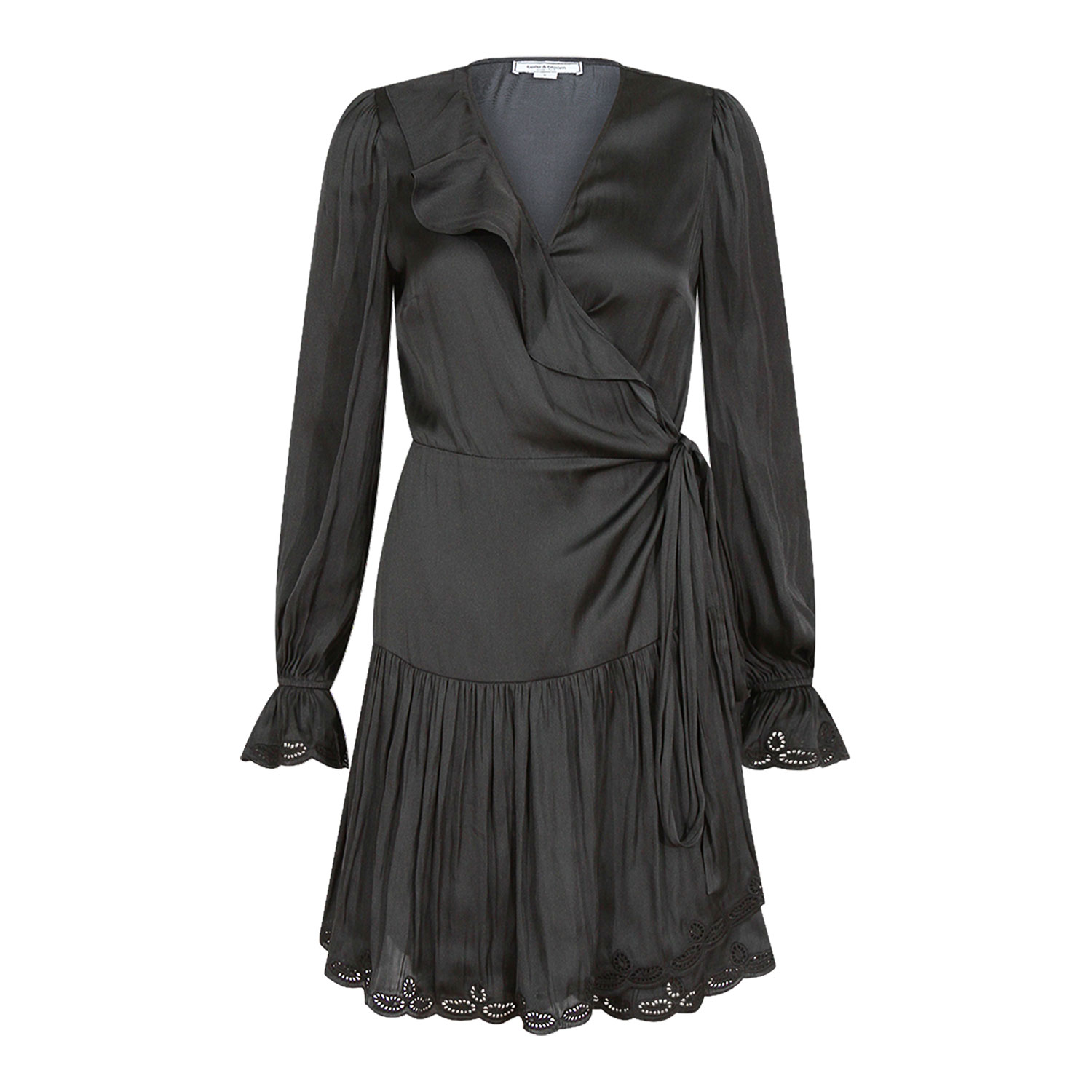 black embroidered wrap dress Embroidered Tiered Wrap Dress in Linen Blend Black