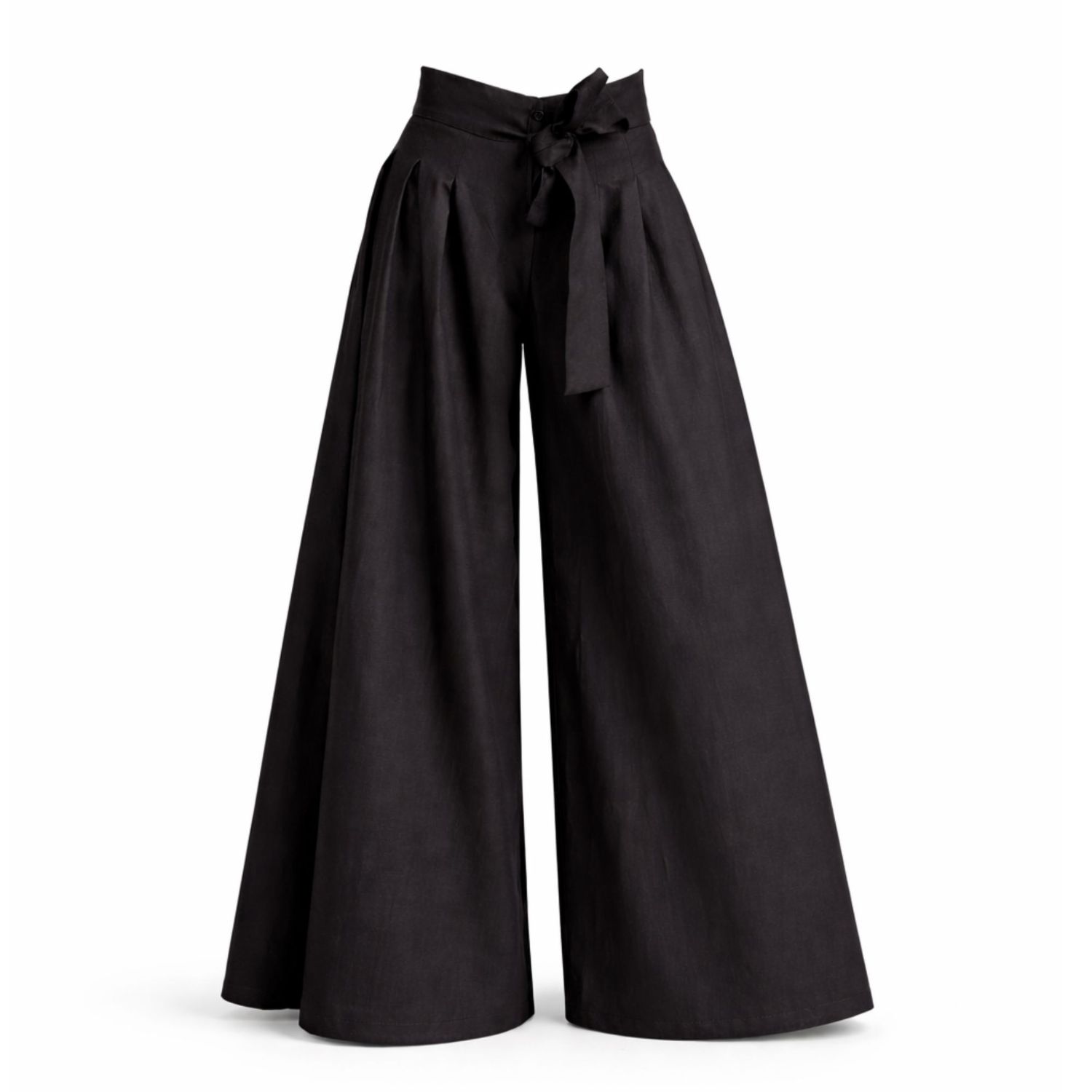 WASHED LINEN TWILL 2-TUCK PANTS｜BLACK Wrap Around Wide Leg Linen Pants With Front Tie In Black | Nikka
