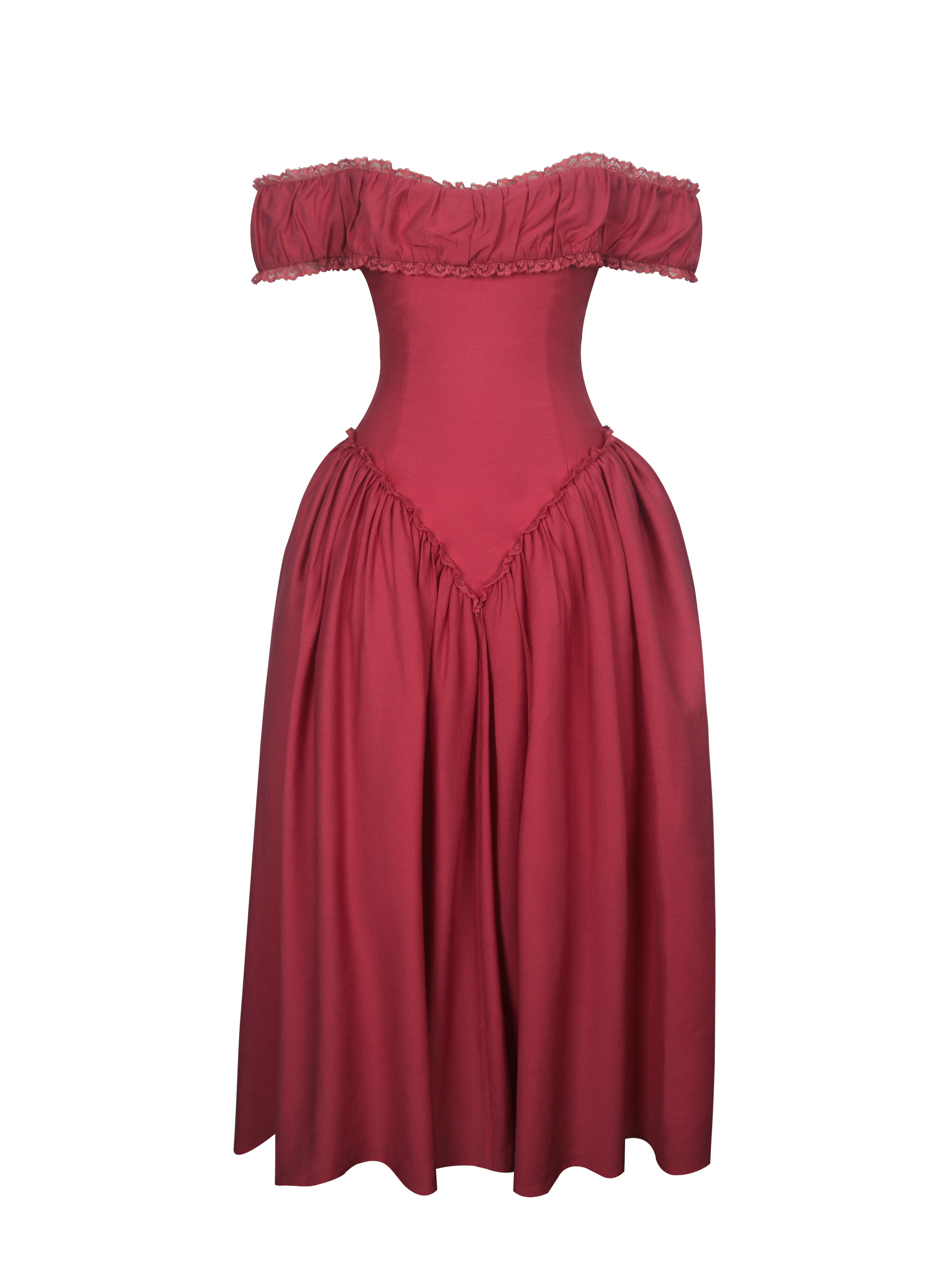 red corset midi dress Satin Dress: Strapless Wedding Guest Gown Crafted from smooth satin Miss Circle Xavy Crimson Off-Shoulder