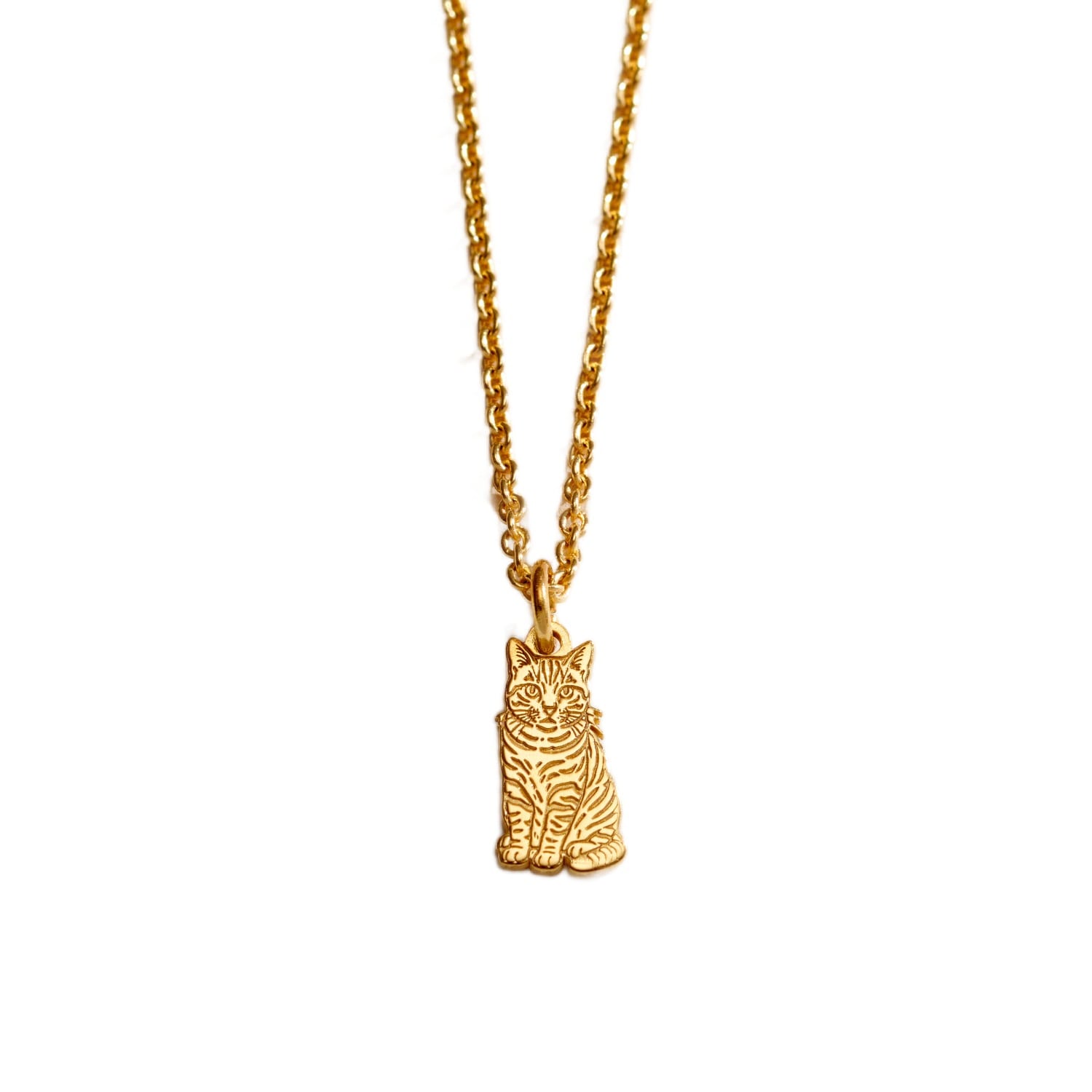 Yellow Gold Plated Tabby Cat Dinky Charm Necklace | Posh Totty