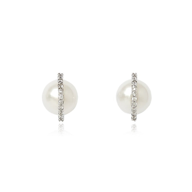 Pearls Of The Orient Online Women's White Stella Cultured Freshwater Pearl Stud Earrings With Pave Arc In White