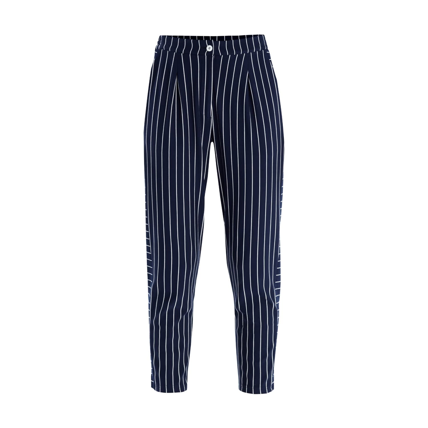 navy and white striped trousers