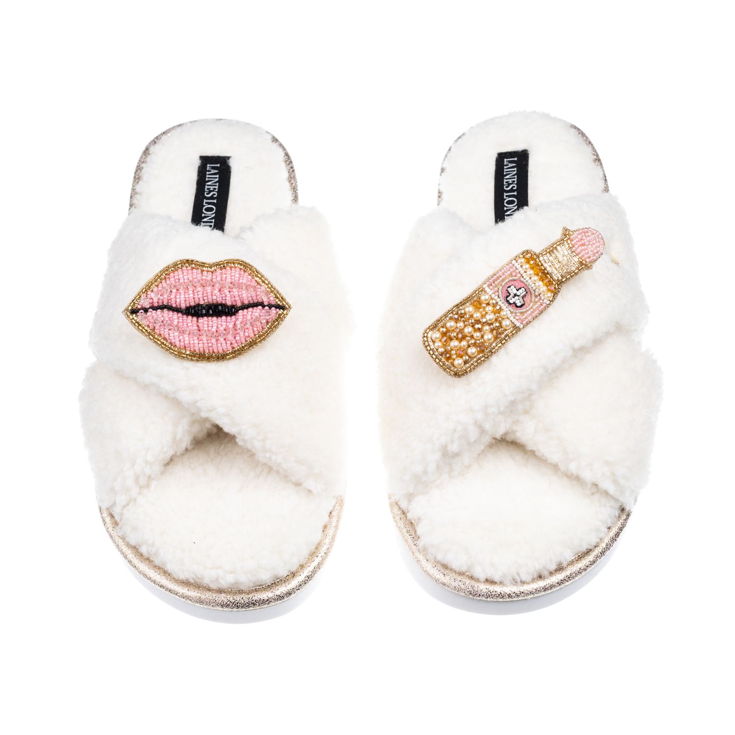Laines London Women's Neutrals / White Laines Neutral Boucle Slippers With Pink Lips & Lipstick Brooches - Cream