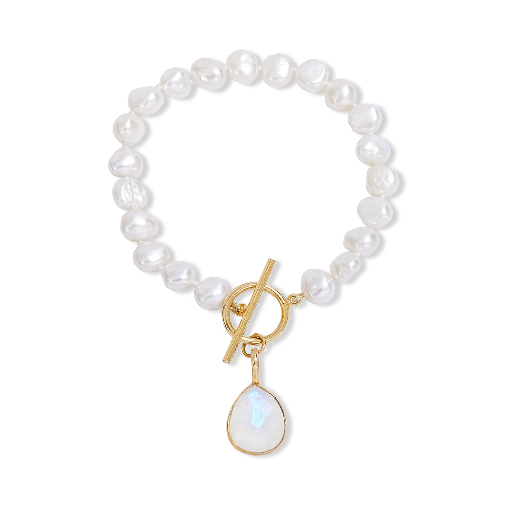 Pearls Of The Orient Online Women's Clara White Cultured Freshwater Pearl Bracelet With A Moonstone Drop Pendant In White