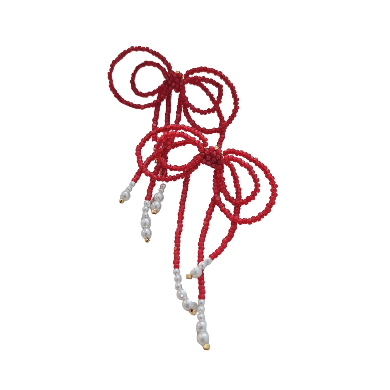 Jeannierichard Women's Red / White Boucles Red Bow With Pearl Tassels Earrings By Jeannie Richard