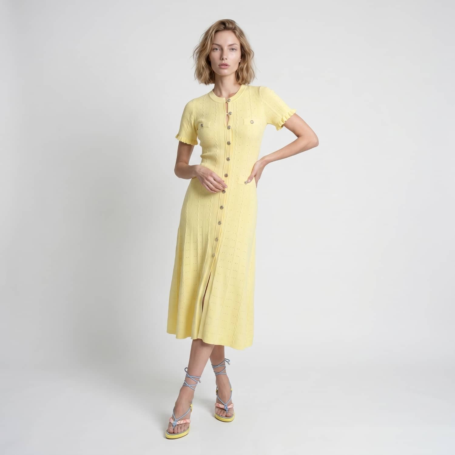 mozza collared knit midi dress product info and reviews Button Front With Short Sleeves Textured Detail by Modenaire Pastel Pink