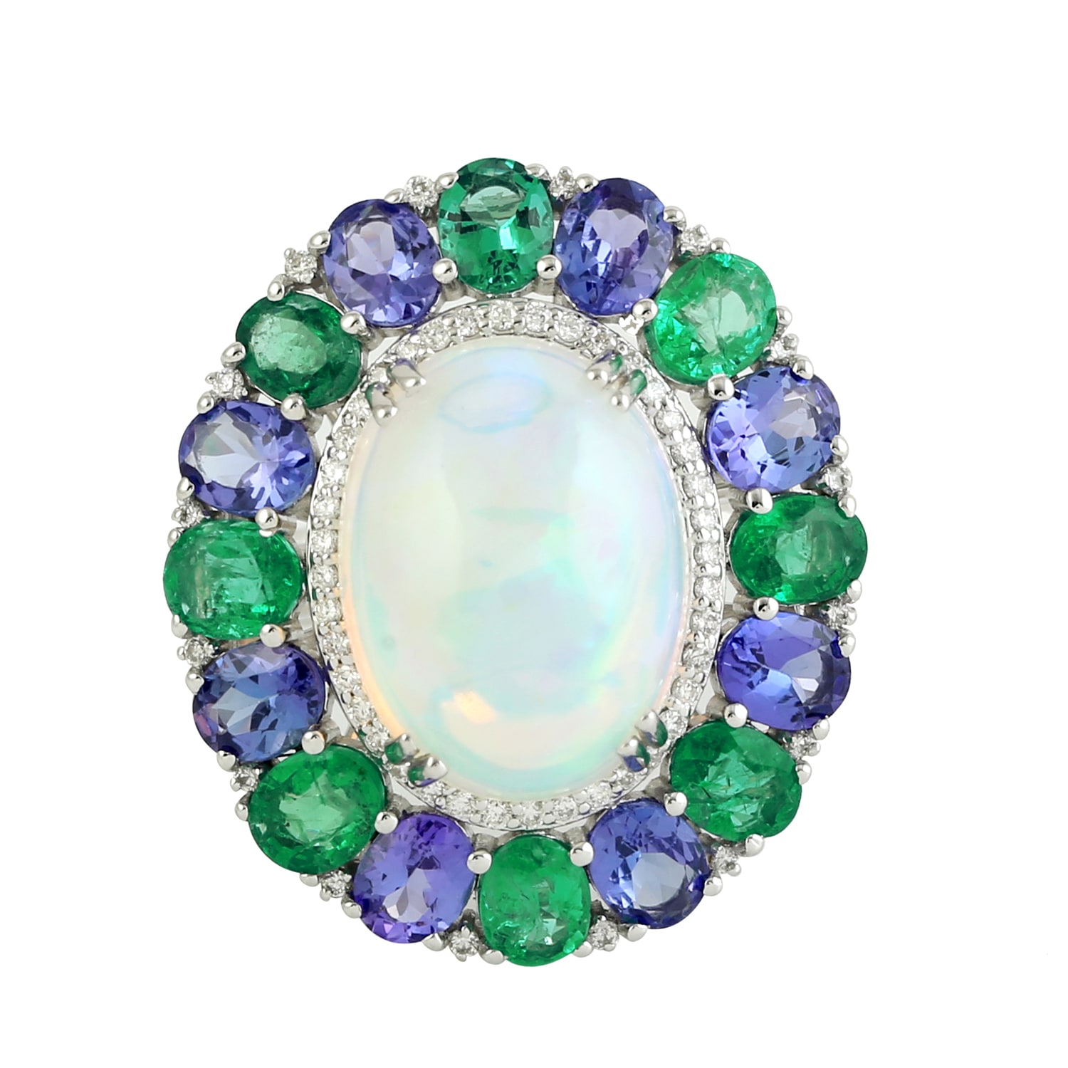 Women’s White / Green 18K White Gold In Oval Cut Ethiopian Opal With Tanzanite & Emerald Pave Diamond Cocktail Designer Ring Artisan