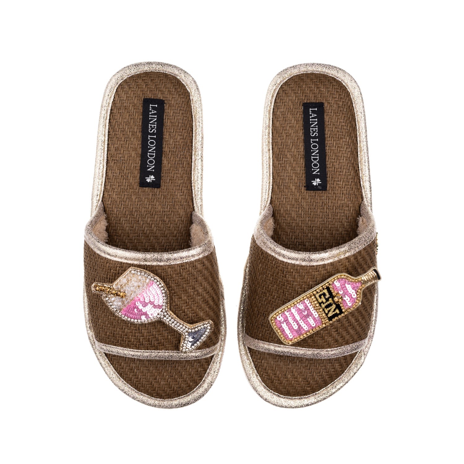 Laines London Women's Brown Straw Braided Sandals With Handmade Pink Gin Brooches - Caramel