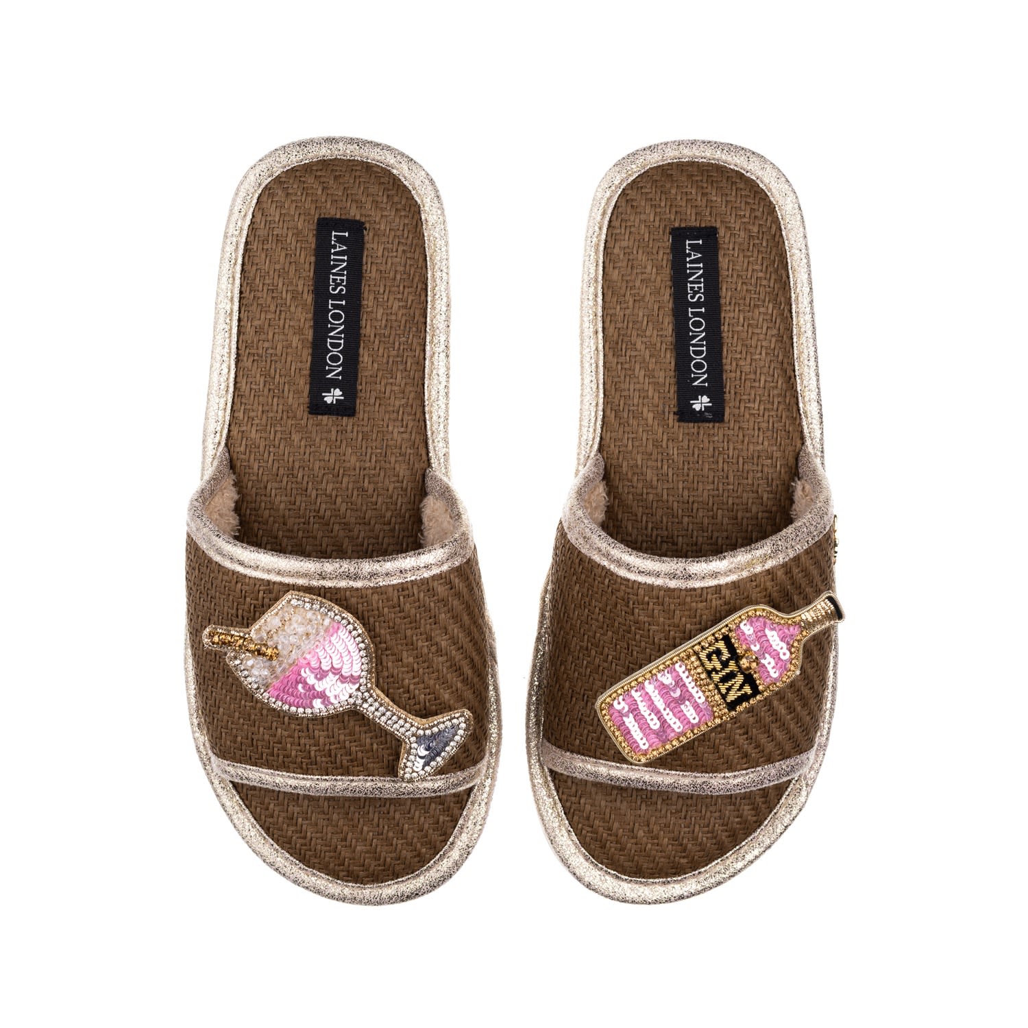 Women’s Brown Straw Braided Sandals With Handmade Pink Gin Brooches - Caramel Large Laines London