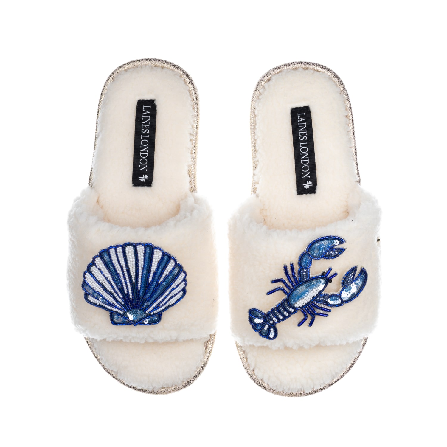 Laines London Women's White Teddy Toweling Slipper Slider With Mediterranean Shell & Lobster Brooches - Cream In White