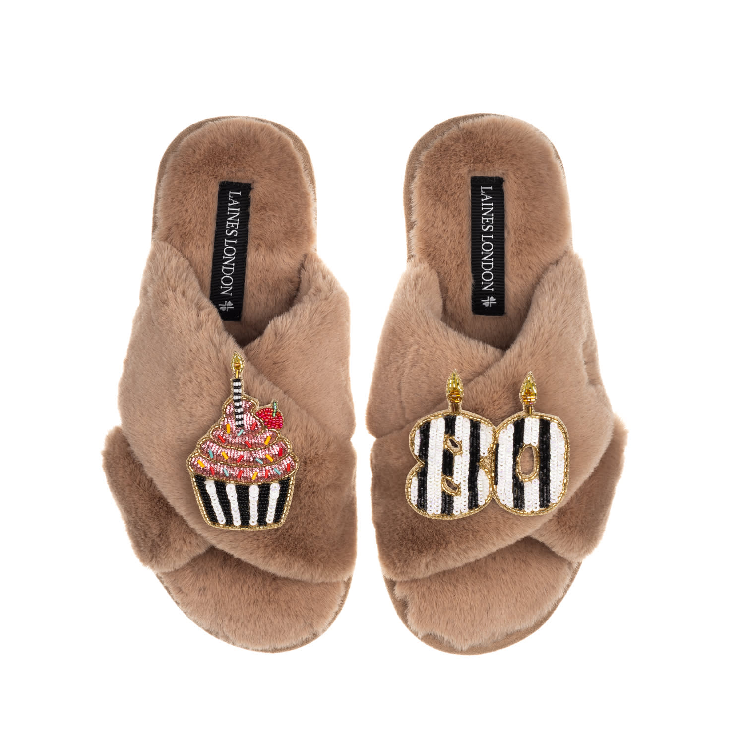 Laines London Women's Brown Classic Laines Slippers With Stripe 80th Birthday & Cake Brooches - Toffee In Brown