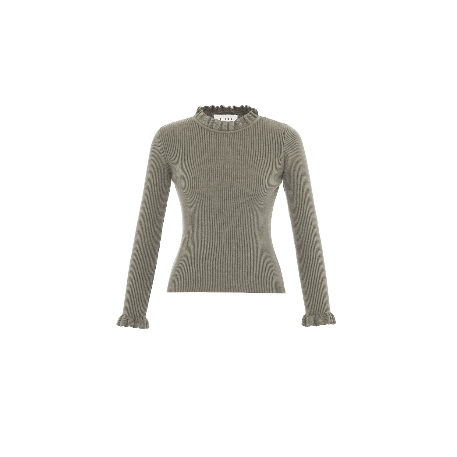Theo The Label Women's Neutrals Pallas Rib Knit Ruffle Neck Sweater - Sustained Grey In Gray