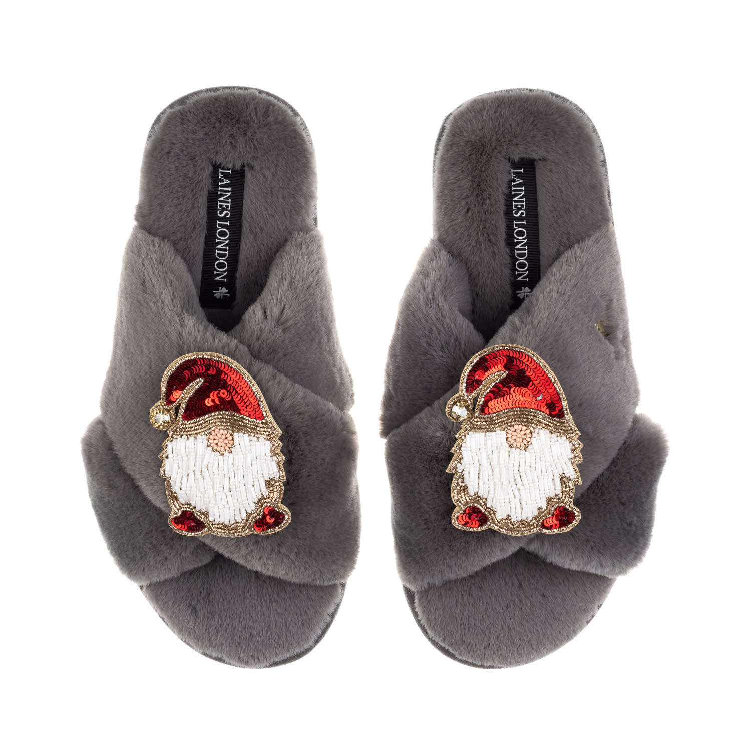 Laines London Women's Classic Laines Christmas Collection Slippers With Double Red Gonk Brooches - Grey In Gray