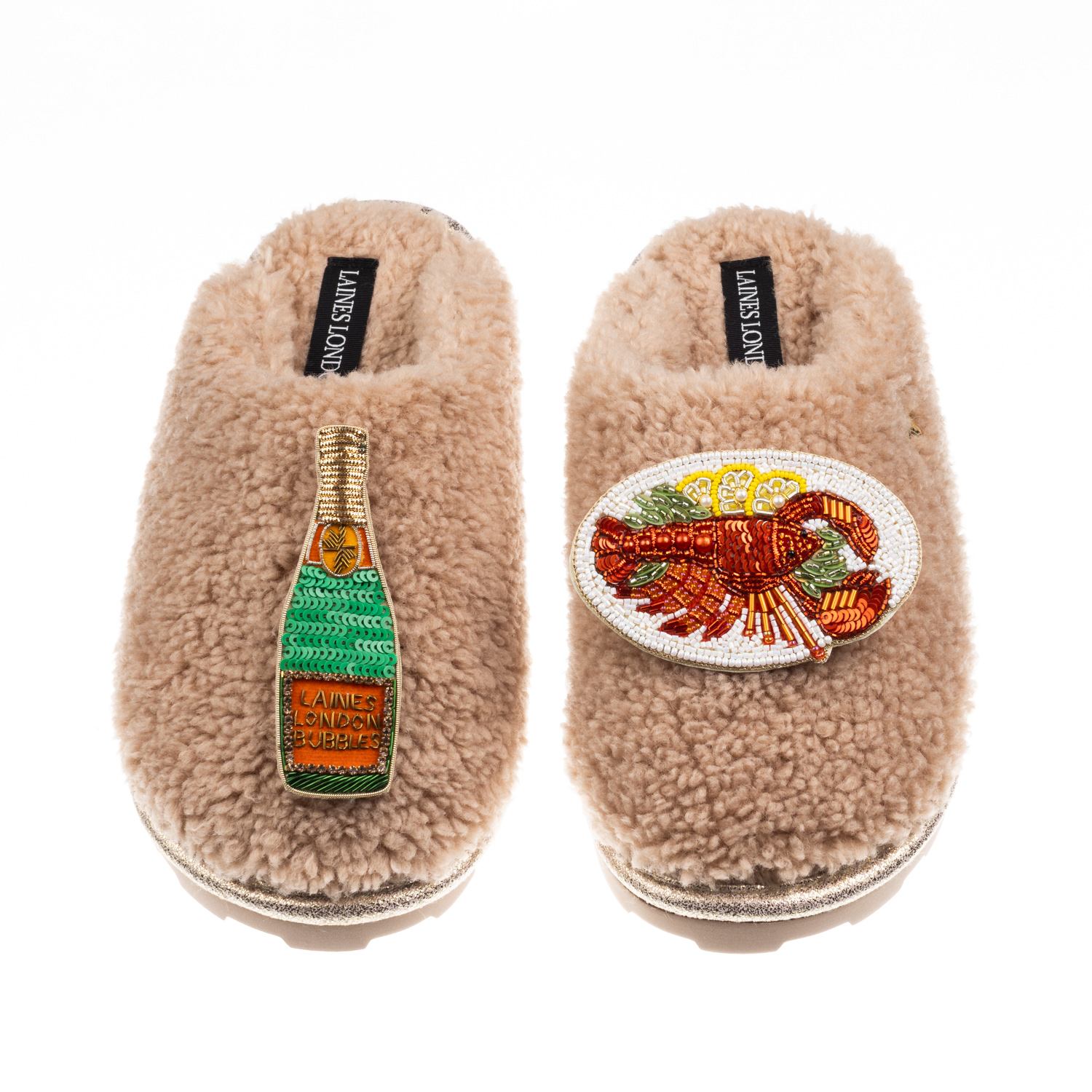 Laines London Women's Brown / Neutrals Teddy Closed Toe Slippers With Lobster Platter & Champagne Brooches - Toffe In Brown