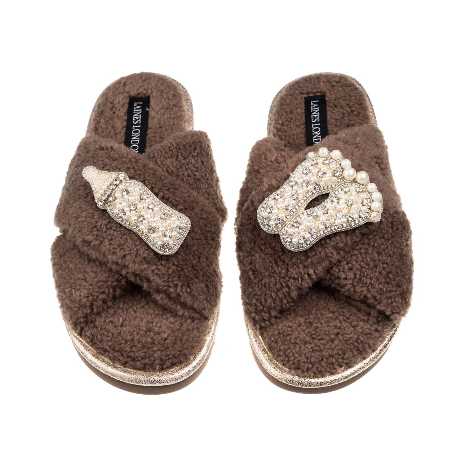 Laines London Women's Neutrals / Brown Laines Neutral Boucle Slippers With New Baby Pearl Brooches - Mink