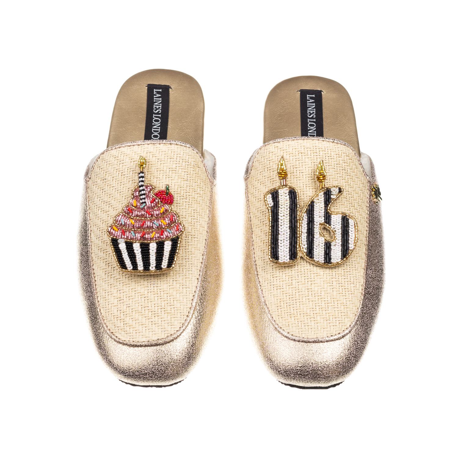 Laines London Women's Gold / Neutrals Classic Mules With Stripe 16th Birthday & Cake Brooches - Cream & Gold In Gold