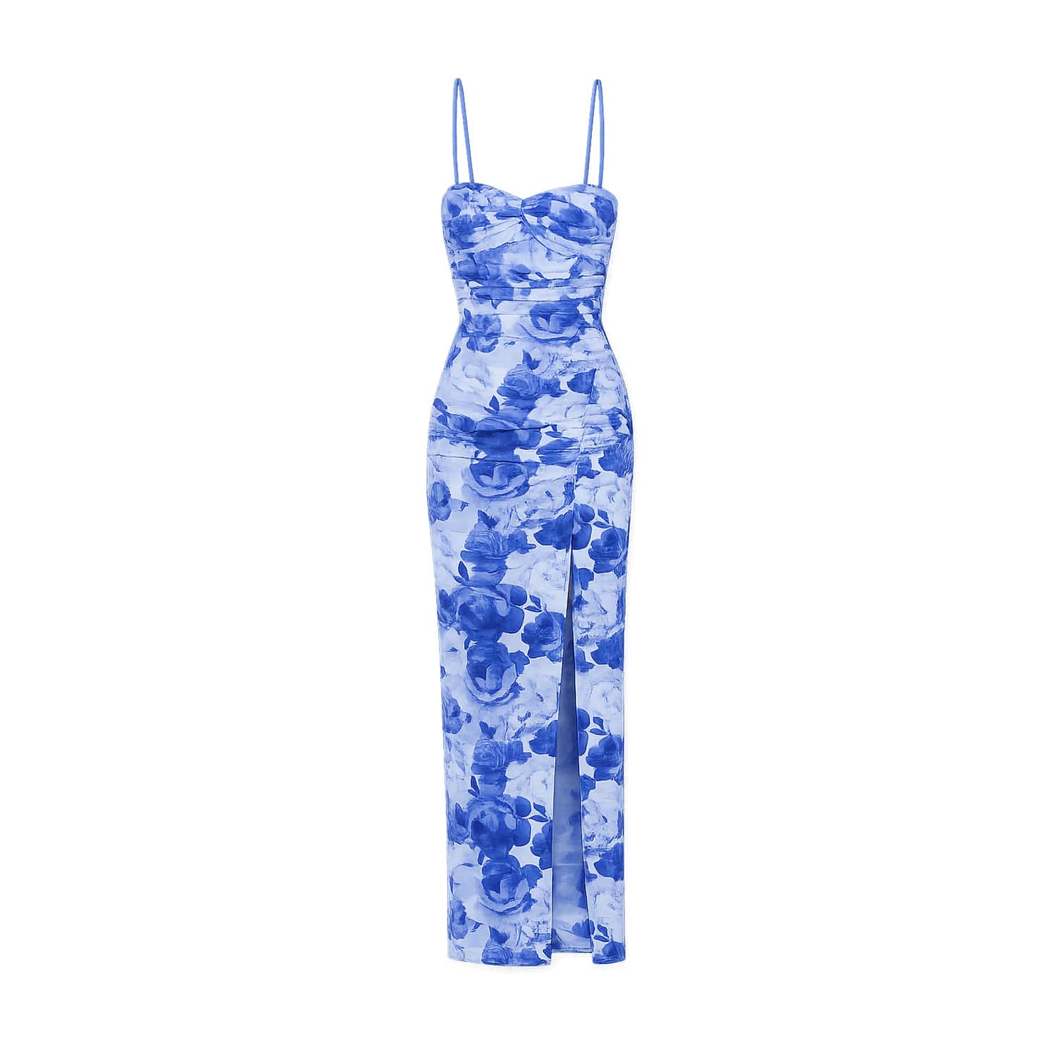 Yumi Blue Mesh Ruched Midi Dress With Split | Yumi | Wolf & Badger