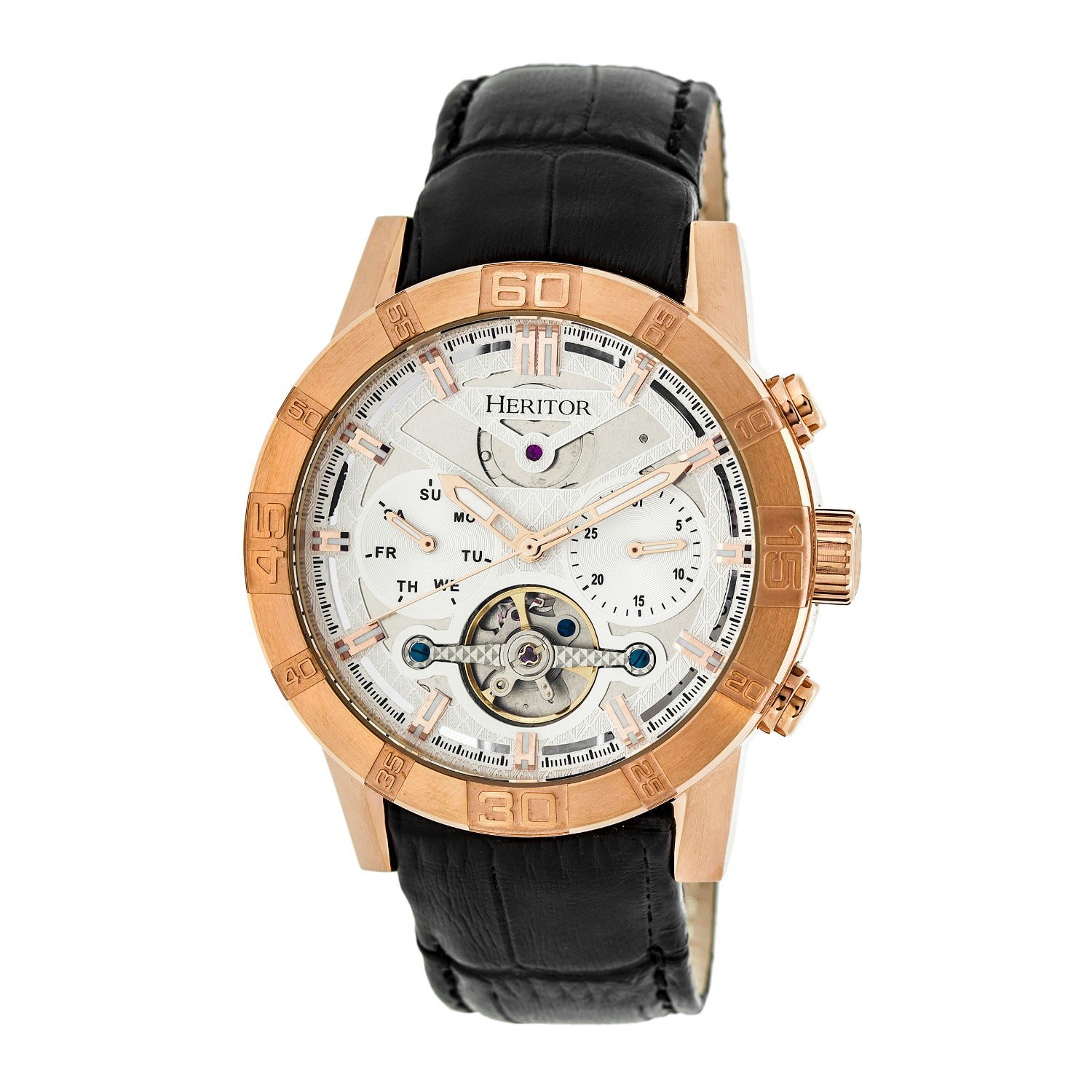 Men’s Silver / Rose Gold Hannibal Semi-Skeleton Leather-Band Watch With Day And Date - Rose Gold, Silver One Size Heritor Automatic