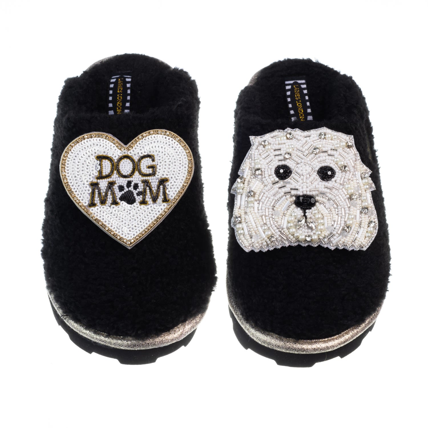 Laines London Women's Teddy Closed Toe Slippers With Queenie & Dog Mum / Mom Brooches - Black